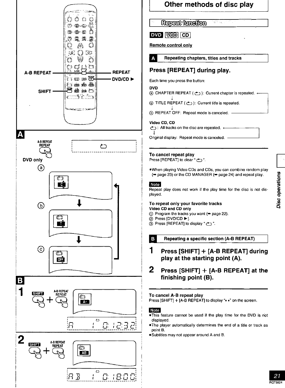 Shift, Repeat dvd/cd, Dvd only | Liia, Other methods of disc play, Remote control only, Repeating chapters, titles and tracks, Press [repeat] during play, To cancei repeat play, Repeating a specific section (a-b repeat) | Panasonic SC-DK10 User Manual | Page 21 / 64