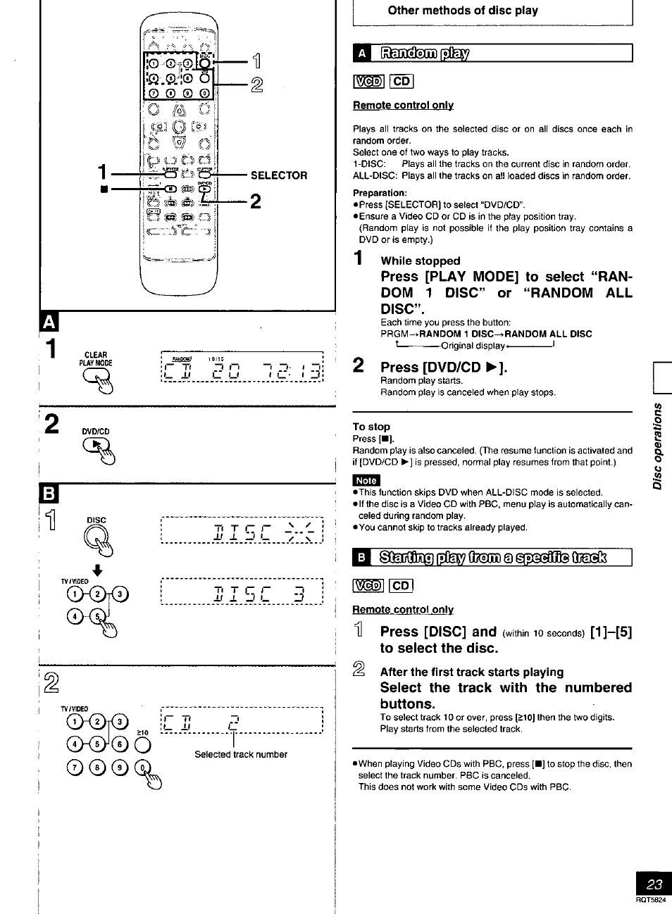 Selector, ©]<d ©-0^0 o 000, Iiaioasoodfgtew | 5) cd, Remote control only, While stopped, Press [dvd/cd, To stop, 3 cd, After the first track starts playing | Panasonic SC-DK10 User Manual | Page 23 / 64