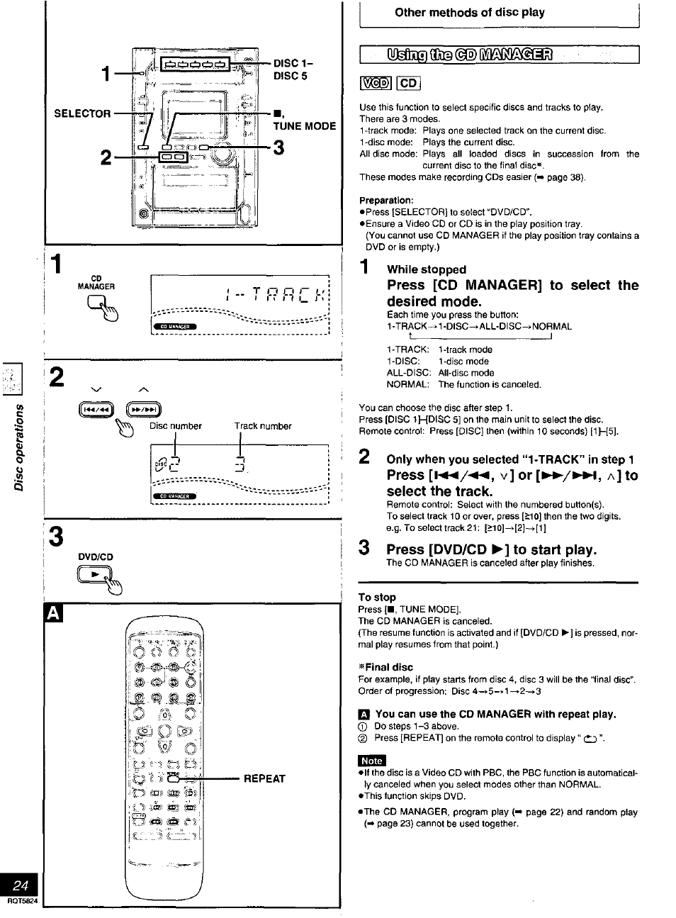 Disc 1- disc5, Tune mode, Repeat | Mwa^ger, While stopped, Press [cd manager] to select the desired mode, 3 press [dvd/cd to start play, To stop, Spinal disc, Q you can use the cd manager with repeat play | Panasonic SC-DK10 User Manual | Page 24 / 64