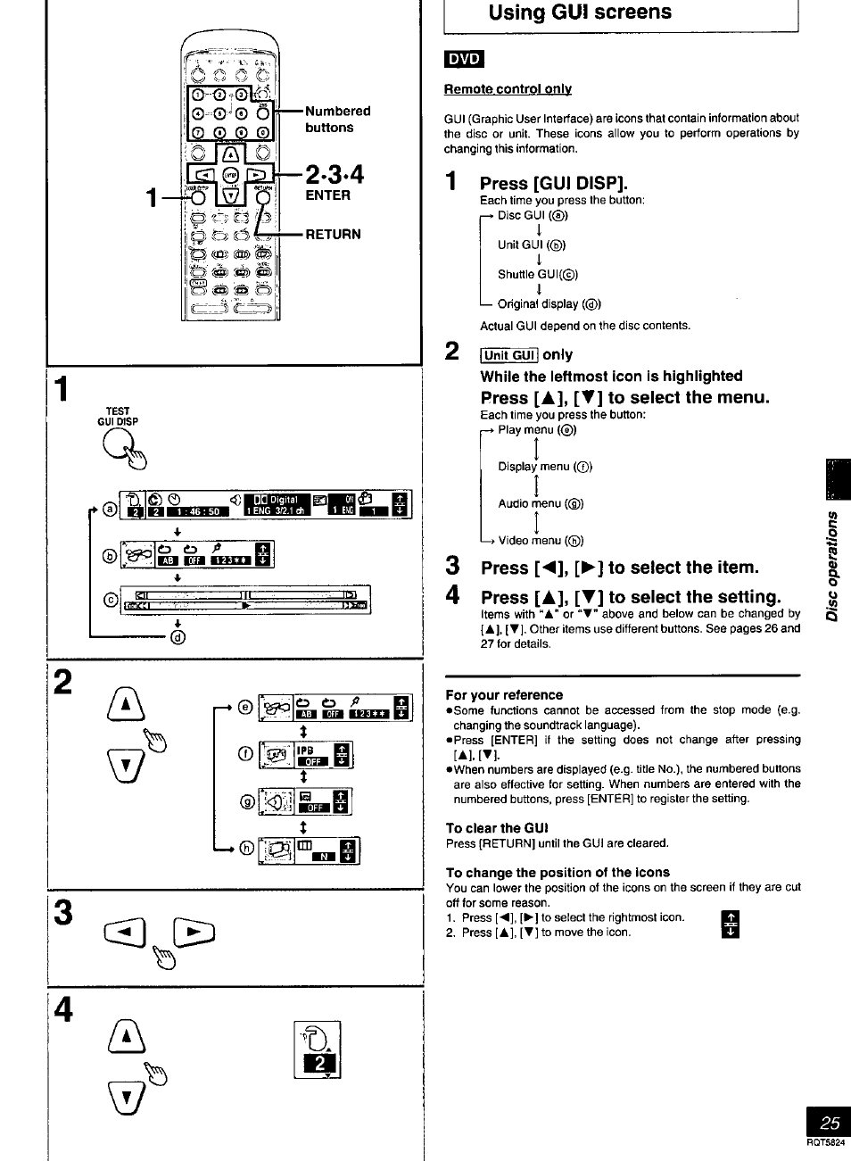Numbered, Buttons, Enter | Return, Using gui screens, Remote control only, Press [gui disp, Lunk gutlonlv, While the leftmost icon is highiighted, Press [a], [▼] to select the menu | Panasonic SC-DK10 User Manual | Page 25 / 64