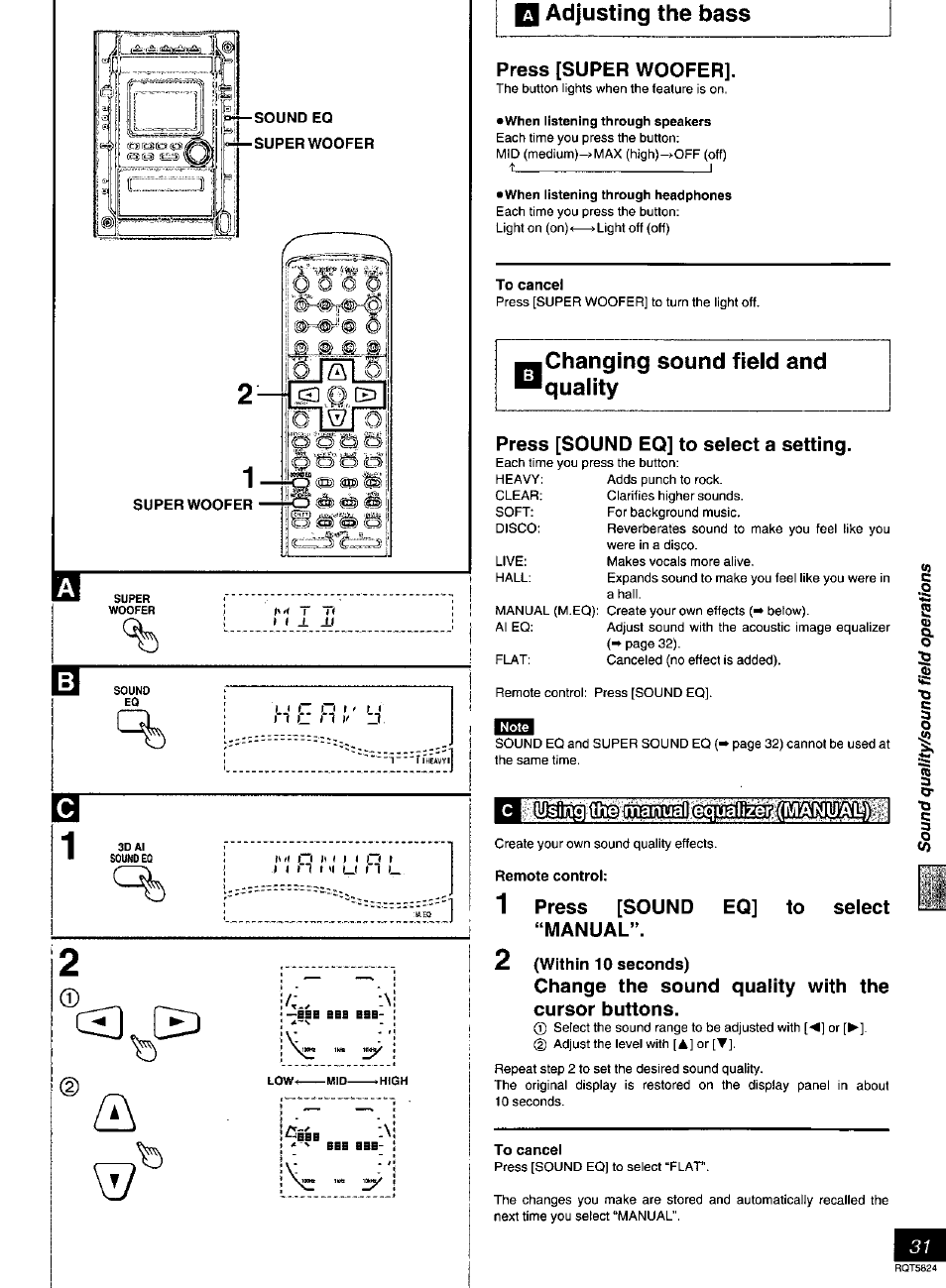 Adjusting the bass, Press [super woofer, To cancel | Press [sound eq] to select a setting, Within 10 seconds), Change the sound quality with the cursor buttons, 3j2) | Panasonic SC-DK10 User Manual | Page 31 / 64