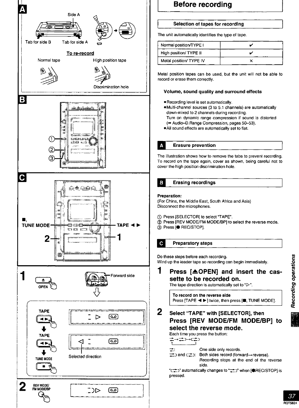 Before recording, Volume, sound quality and surround effects, Erasure prevention | Erasing recordings, Preparatory steps | Panasonic SC-DK10 User Manual | Page 37 / 64