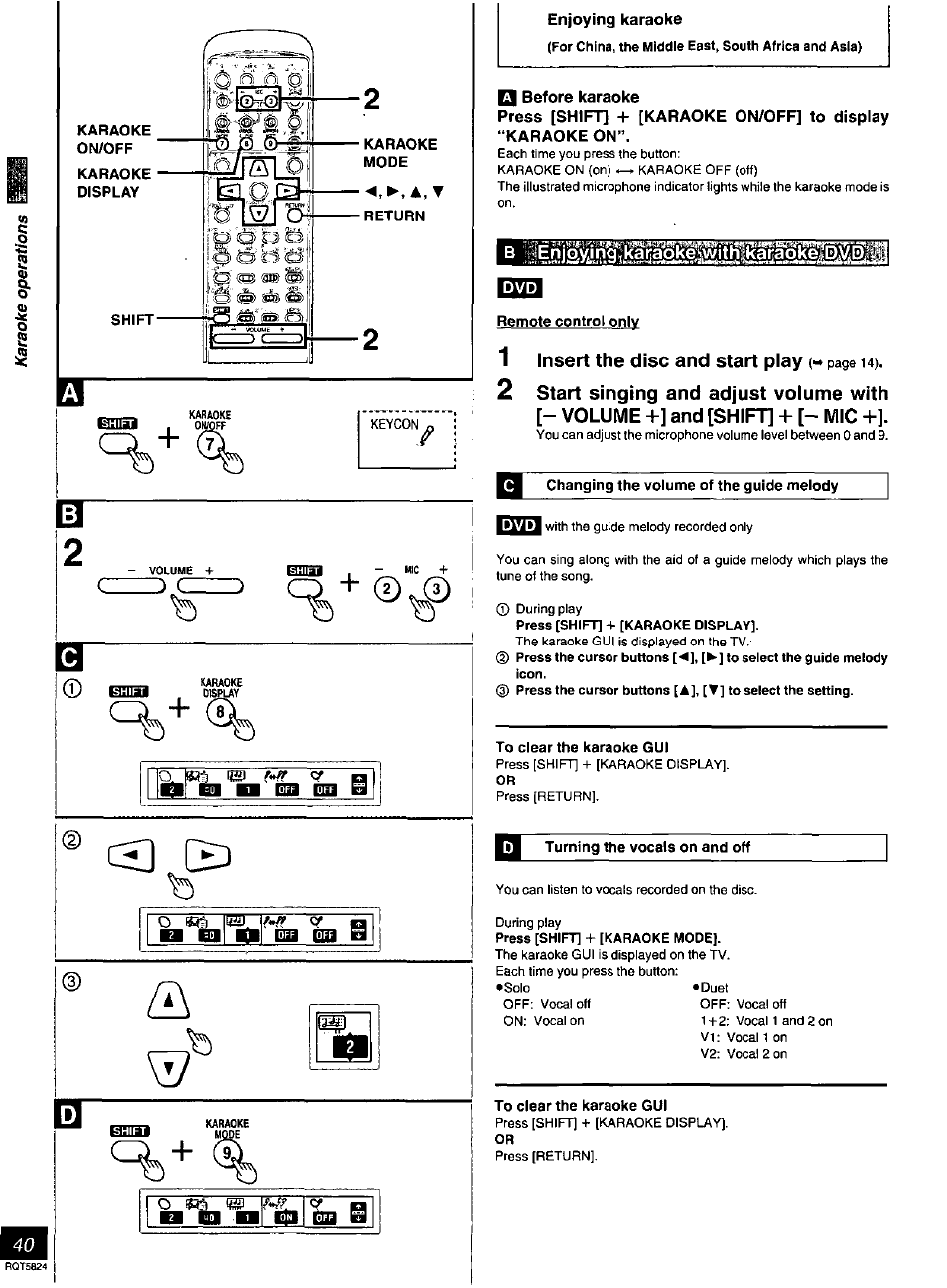 Karaoke, Mode, Return | Bœ3i , 0, Qj before karaoke, Remote control only, Changing the volume of the guide melody, To clear the karaoke gui, Turning the vocals on and off, C^+ cil | Panasonic SC-DK10 User Manual | Page 40 / 64