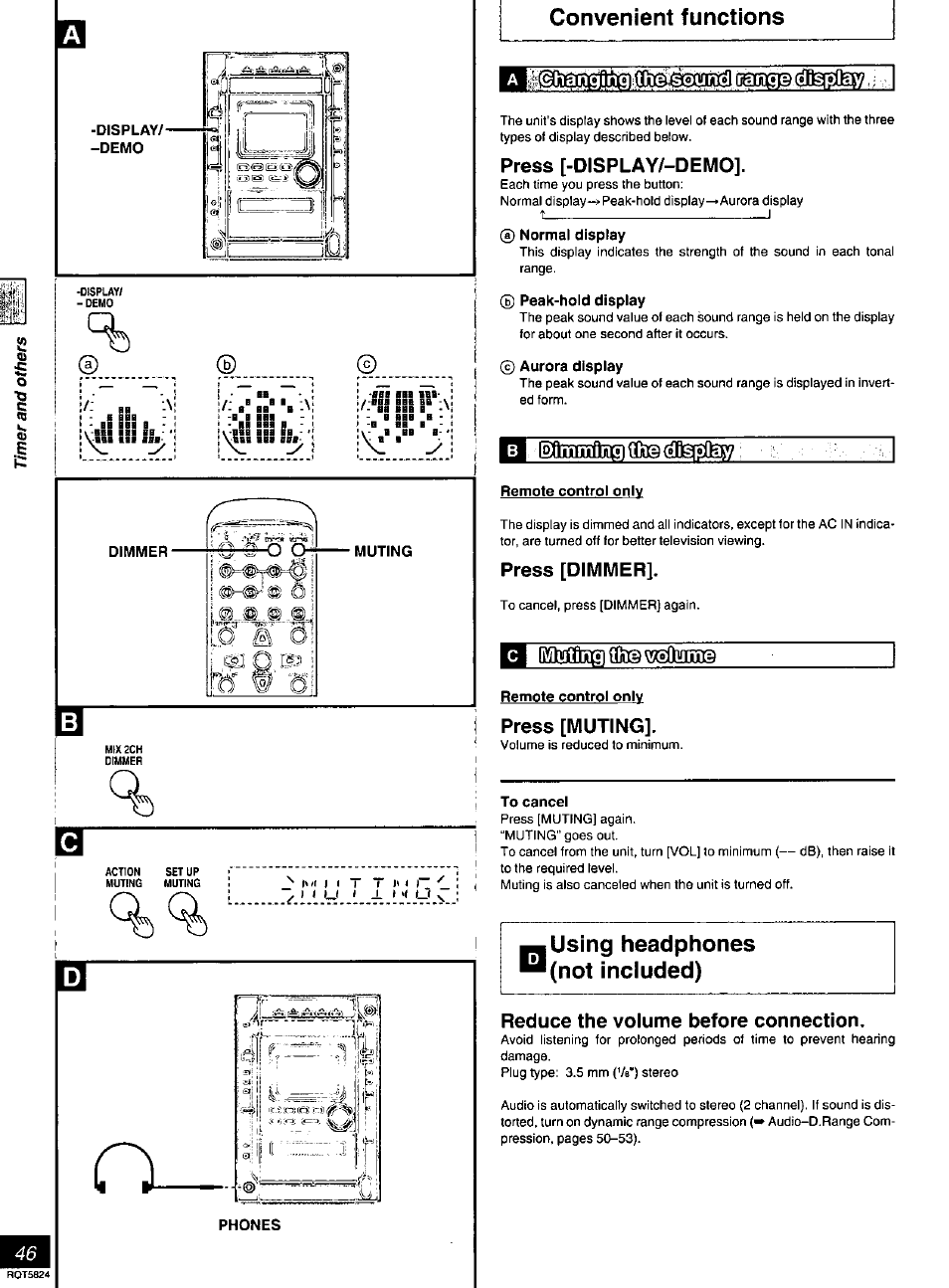 Display/ -demo, Dimmer, Muting | Convenient functions, Press [-display/-demo, Peak-hold display, Aurora display, Remote control only, Press [dimmer, Press [muting | Panasonic SC-DK10 User Manual | Page 46 / 64