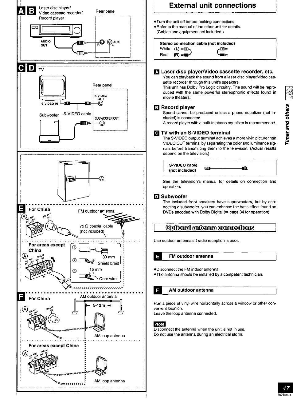 External unit connections, Laser disc playera^ideo cassette recorder, etc, I] record player | Tv with an s-video terminal, Q subwoofer, Fm outdoor antenna, Am outdoor antenna, Gufflsoiefl, A nten naiejo n ne^tions | Panasonic SC-DK10 User Manual | Page 47 / 64