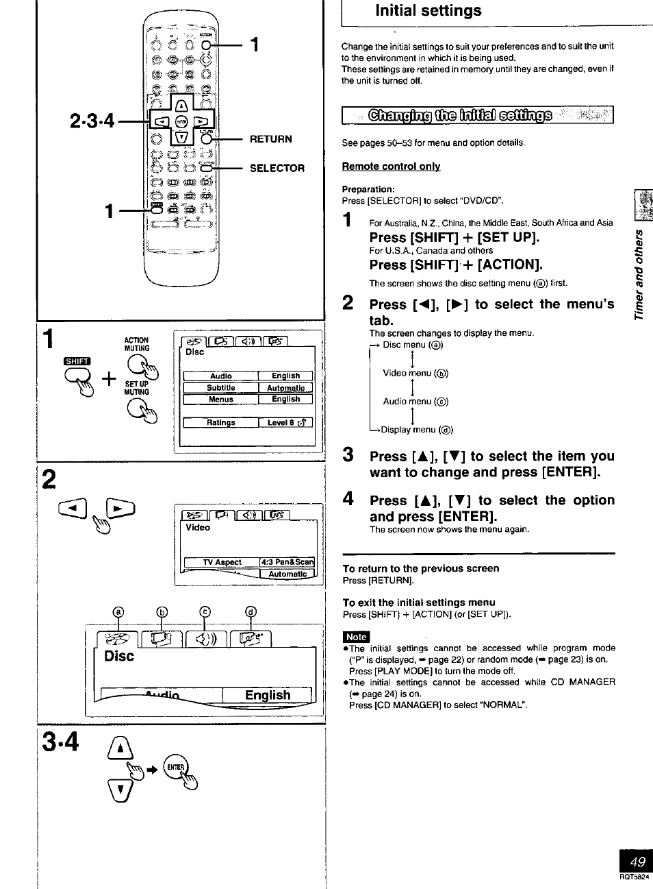 Return, Selector, Initial settings | Remote control only, Press [shift] + [set up, Press [shift] + [action, Press [◄], [►] to select the menu’s tab, To return to the previous screen, To exit the initial settings menu, Gcieibgfljig] flte ooao№i] bggaiig | Panasonic SC-DK10 User Manual | Page 49 / 64