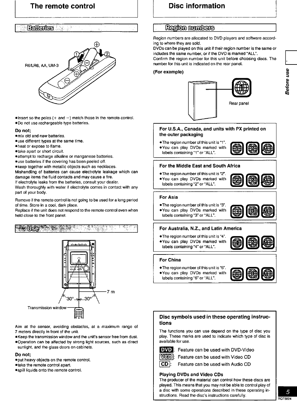 The remote control, Disc information, For the middle east and south africa | For asia, For australia, n.z., and latin america, For china, Disc symbols used in these operating instructions, Playing dvds and video cds, The remote control disc information, Batte riies | Panasonic SC-DK10 User Manual | Page 5 / 64