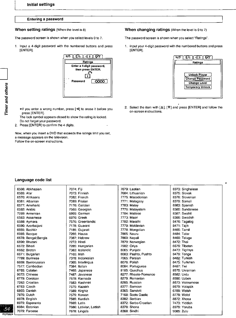 Initiai settings, Entering a password, Language code iist | When setting ratings, When changing ratings | Panasonic SC-DK10 User Manual | Page 54 / 64