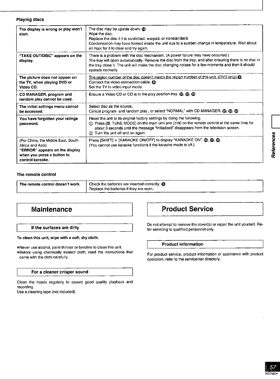 Playing discs, The remote control, E\/iaintenance | Product service, For a cleaner crisper sound, E\/iaintenance product service | Panasonic SC-DK10 User Manual | Page 57 / 64