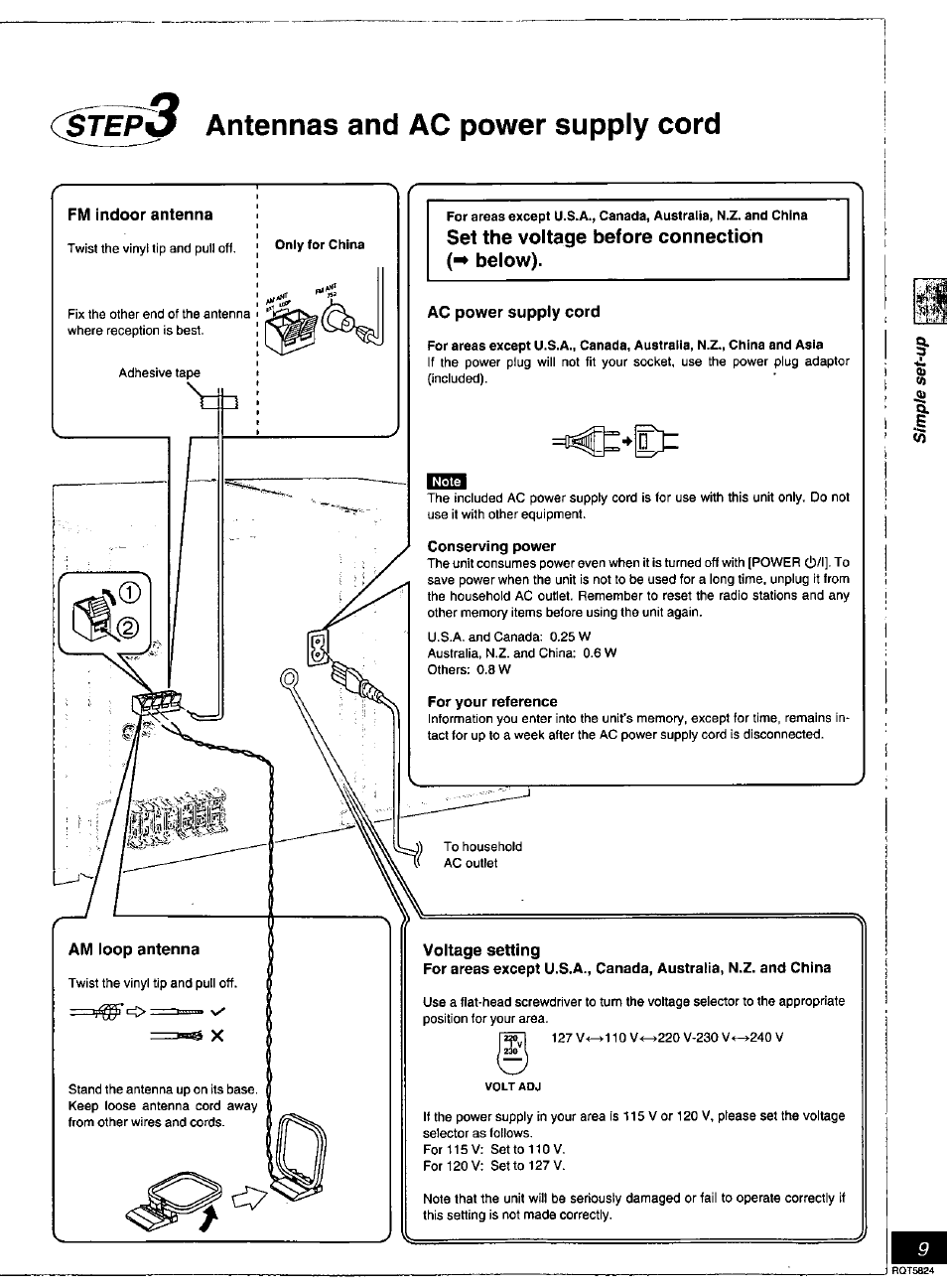 Step^j antennas and ac power supply cord, Ac power supply cord, Conserving power | For your reference, Antennas and ac power supply cord, Step^j | Panasonic SC-DK10 User Manual | Page 9 / 64