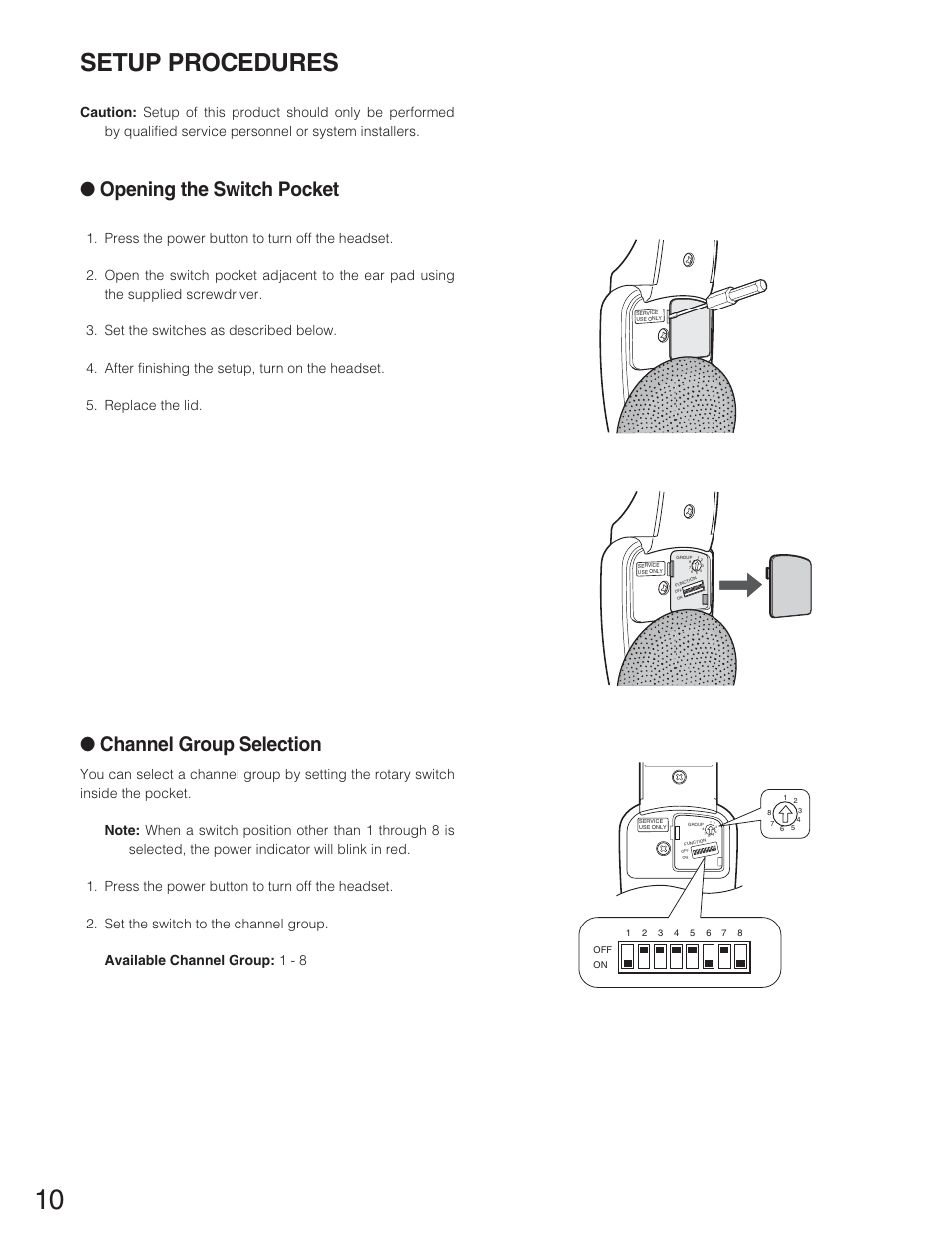 Setup procedures, Opening the switch pocket, Channel group selection | Panasonic WX-CH2050 User Manual | Page 10 / 14