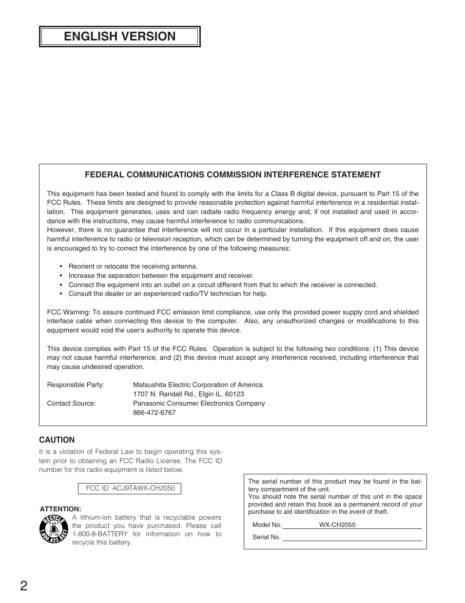 English version | Panasonic WX-CH2050 User Manual | Page 2 / 14