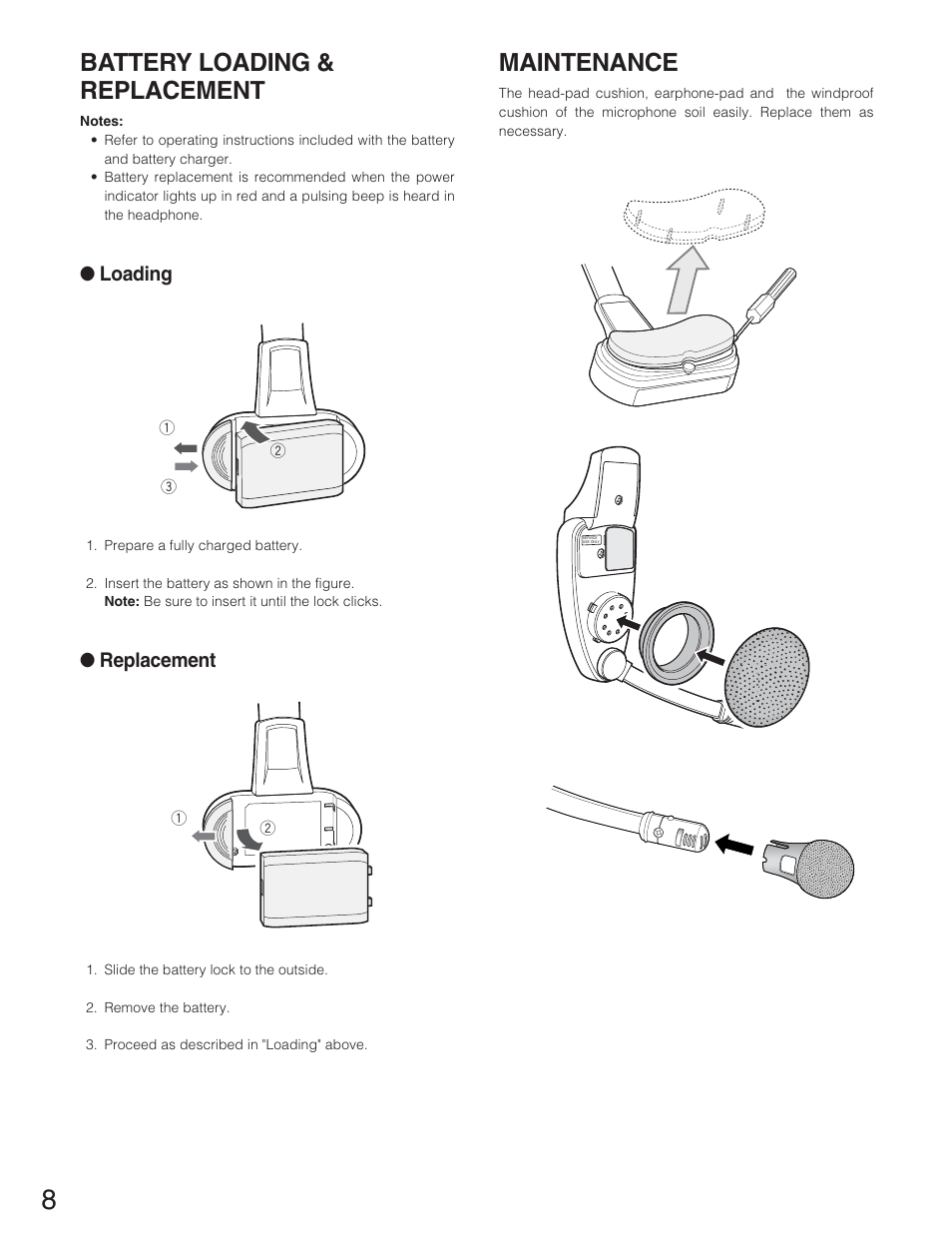 Battery loading & replacement, Loading, Replacement | Maintenance | Panasonic WX-CH2050 User Manual | Page 8 / 14