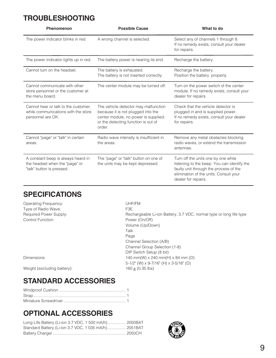 Troubleshooting, Specifications, Standard accessories | Optional accessories | Panasonic WX-CH2050 User Manual | Page 9 / 14
