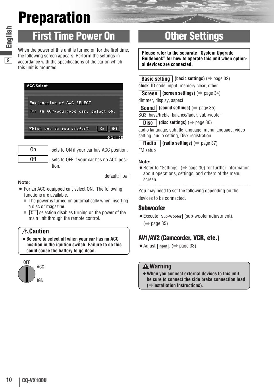 Preparation, Other settings, First time power on | English, Subwoofer, Av1/av2 (camcorder, vcr, etc.), Warning, Caution | Panasonic CQVX100U User Manual | Page 10 / 48