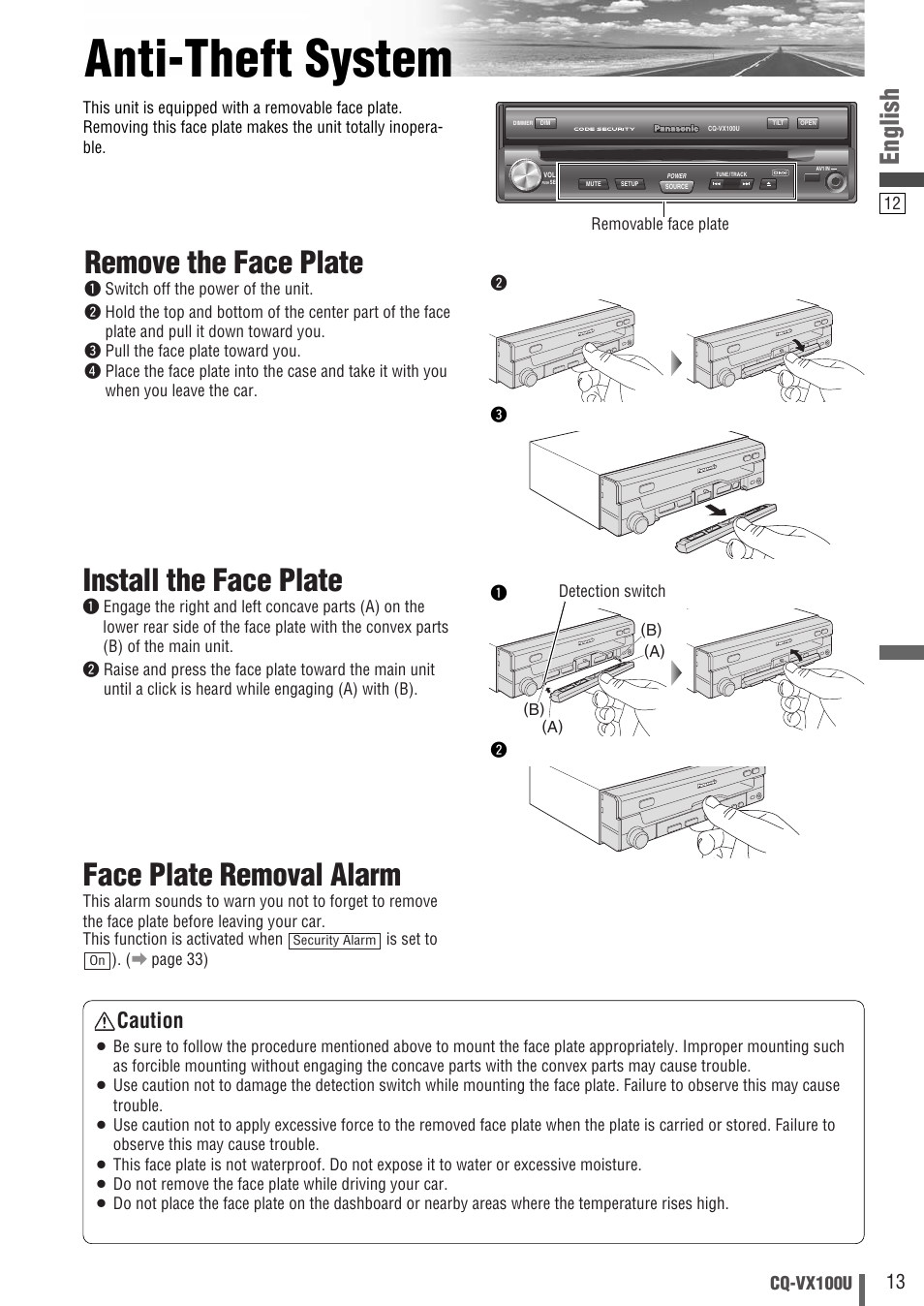 Anti-theft system, Face plate removal alarm, Install the face plate | Remove the face plate, English, Caution | Panasonic CQVX100U User Manual | Page 13 / 48