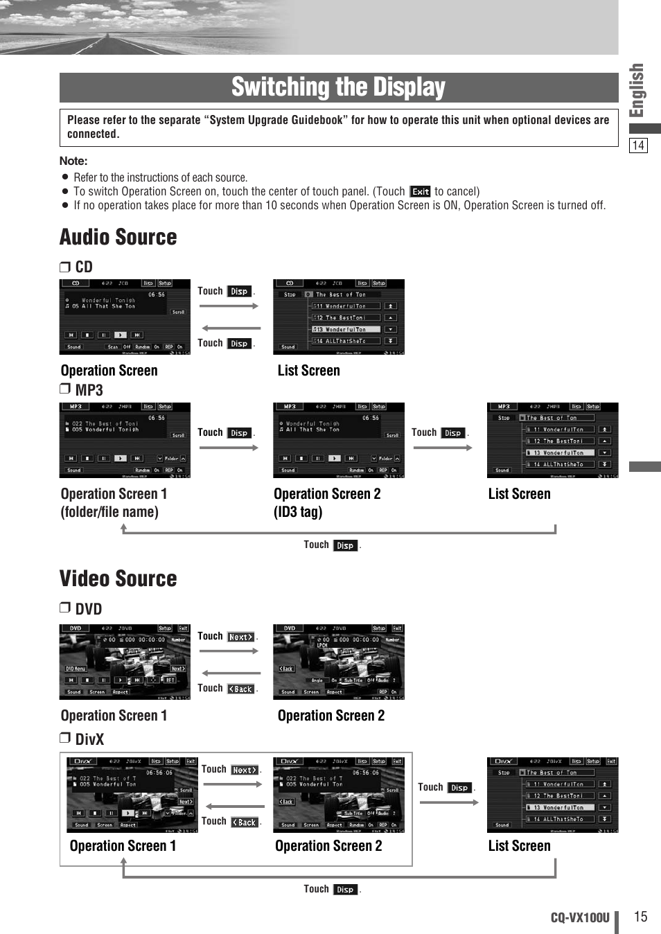 Switching the display, Audio source, Video source | English, Dvd ❒ divx | Panasonic CQVX100U User Manual | Page 15 / 48