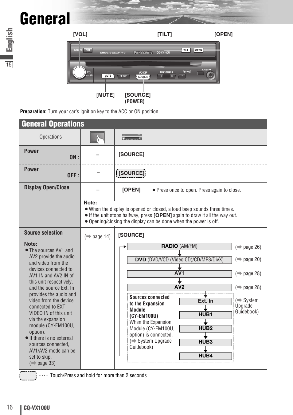 General, English, General operations | Panasonic CQVX100U User Manual | Page 16 / 48