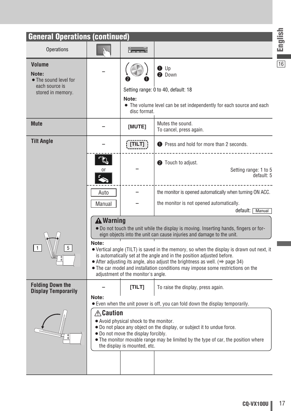 English, General operations (continued), Caution | Warning | Panasonic CQVX100U User Manual | Page 17 / 48