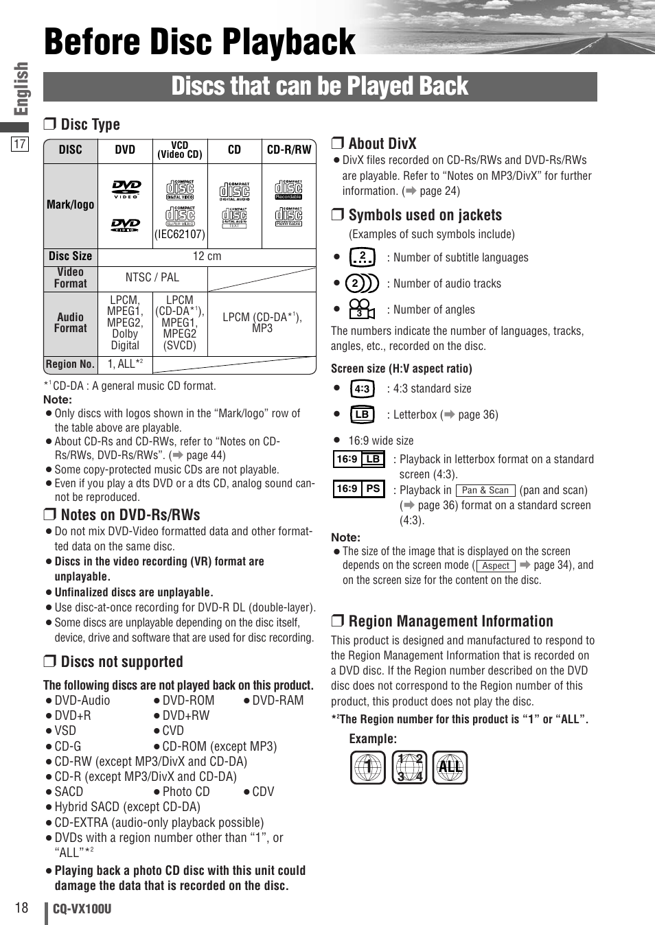 Before disc playback, Discs that can be played back, English | About divx, Symbols used on jackets, Region management information, Discs not supported, Disc type | Panasonic CQVX100U User Manual | Page 18 / 48