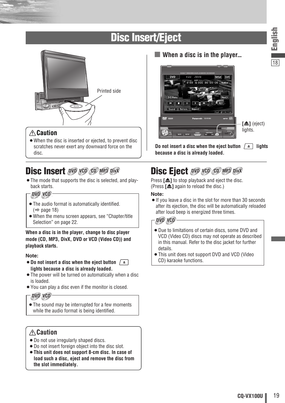 Disc insert/eject, Disc insert, Disc eject | English, When a disc is in the player, Caution, Cq-vx100u | Panasonic CQVX100U User Manual | Page 19 / 48