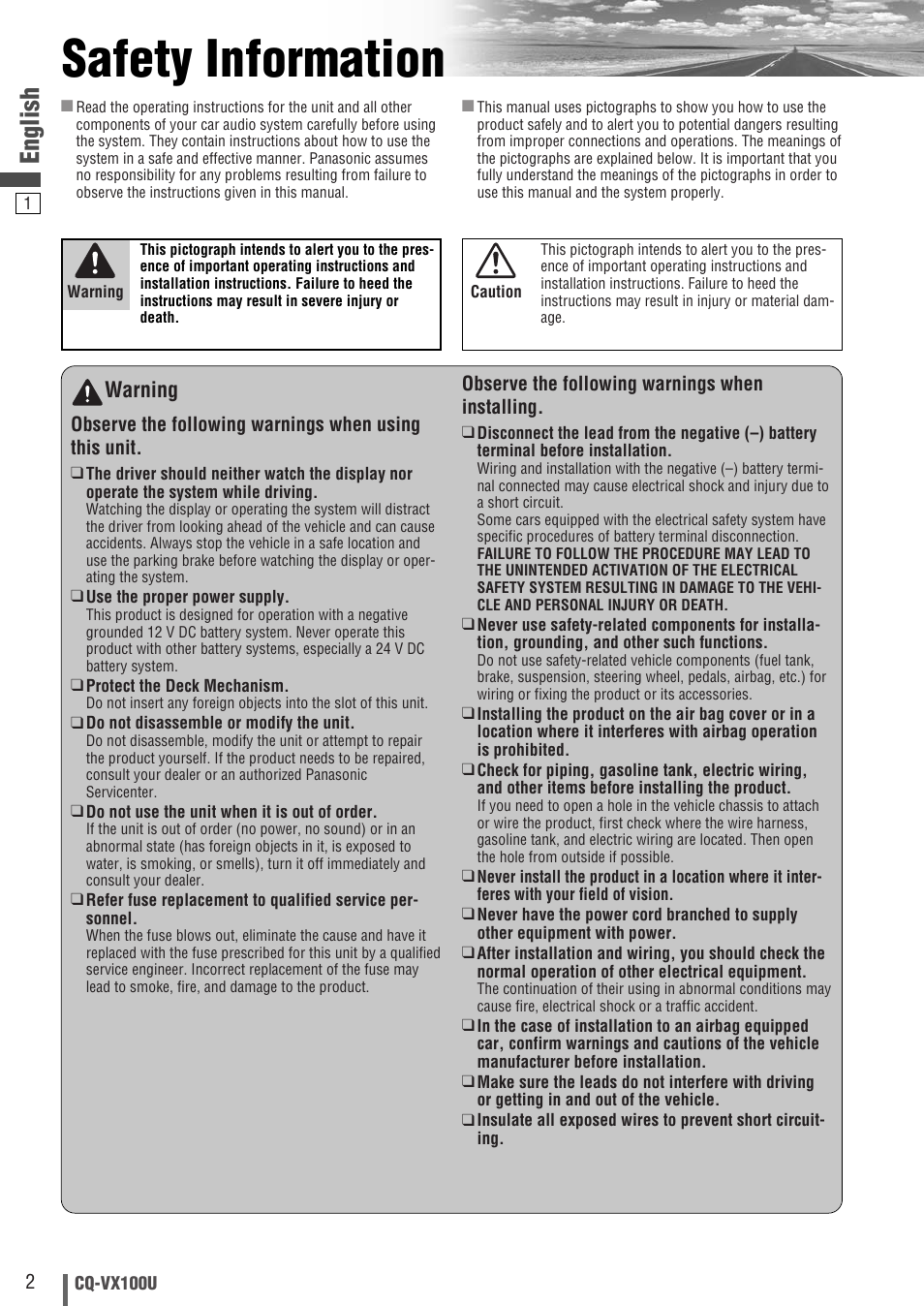 English, Safety information, Warning | Panasonic CQVX100U User Manual | Page 2 / 48