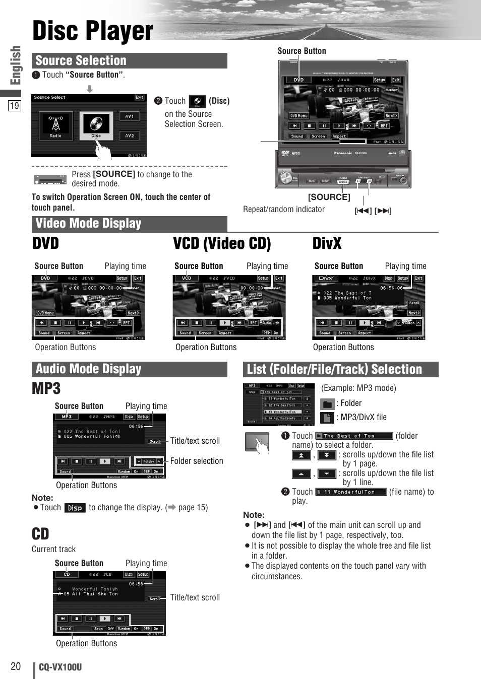 Disc player, Vcd (video cd) divx dvd, Cd mp3 | English, Video mode display, List (folder/file/track) selection, Source selection, Audio mode display | Panasonic CQVX100U User Manual | Page 20 / 48