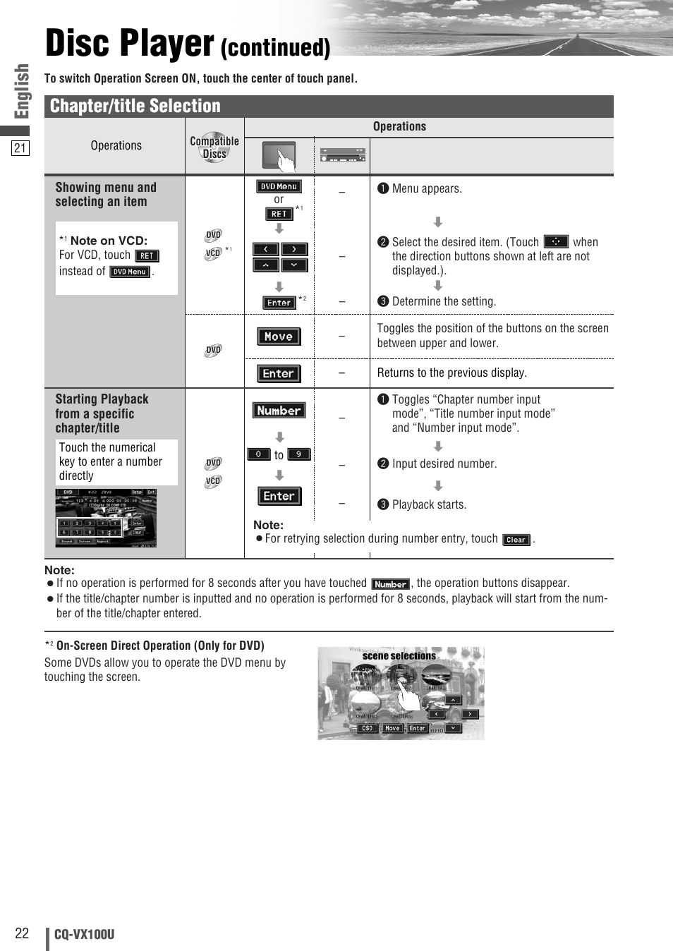 Disc player, Continued), English | Chapter/title selection | Panasonic CQVX100U User Manual | Page 22 / 48