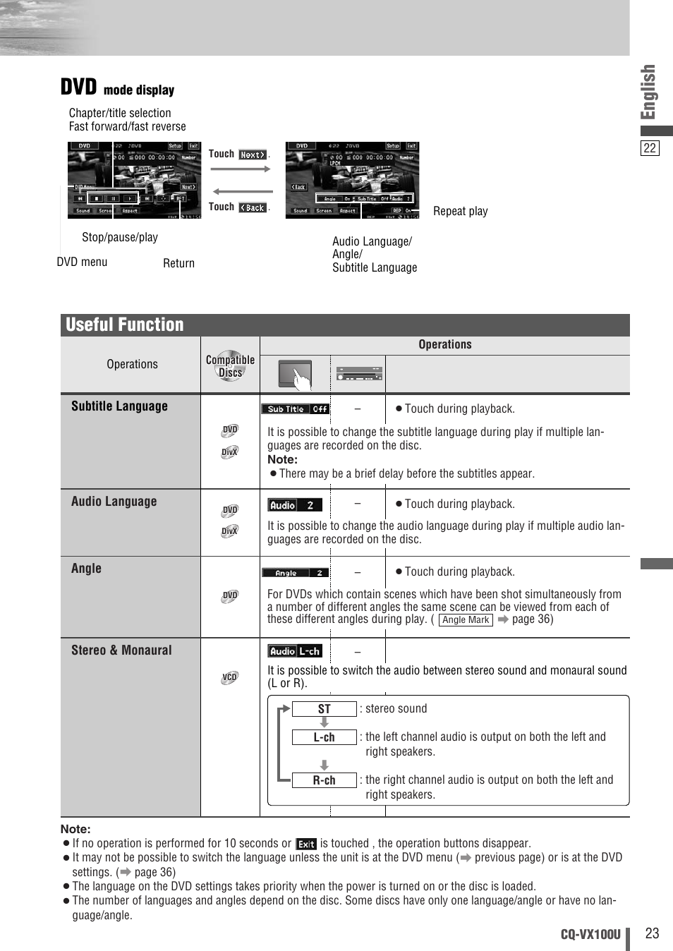 English, Useful function | Panasonic CQVX100U User Manual | Page 23 / 48