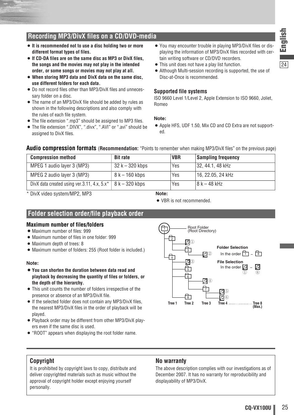 English, Recording mp3/divx files on a cd/dvd-media, Copyright | No warranty, Audio compression formats | Panasonic CQVX100U User Manual | Page 25 / 48