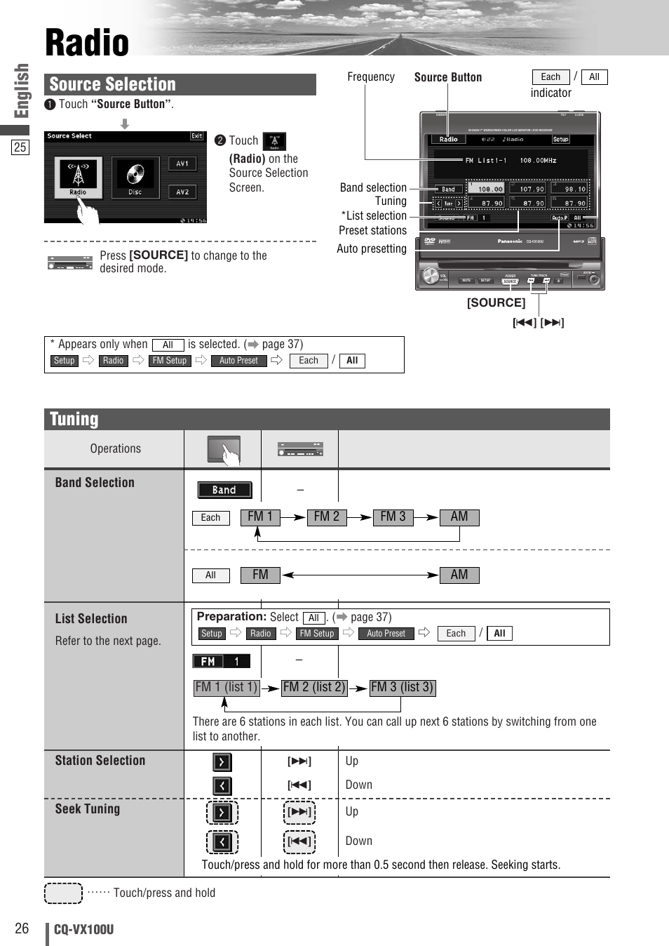 Radio, English, Source selection | Tuning, Cq-vx100u, Band selection list selection, Station selection seek tuning, Fm 1 fm 2 fm 3 am, Fm am | Panasonic CQVX100U User Manual | Page 26 / 48