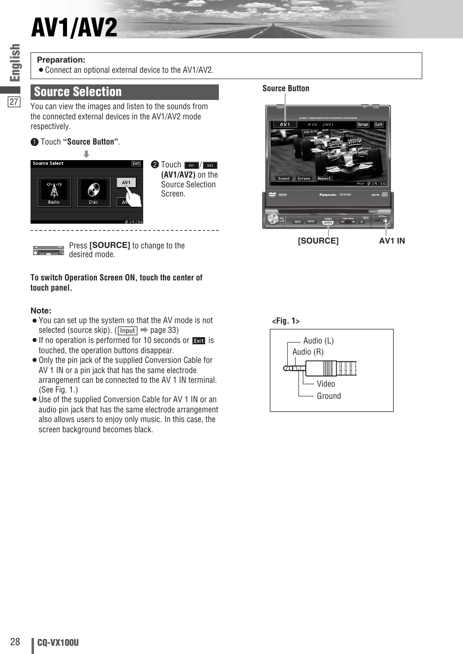 Av1/av2, English, Source selection | Cq-vx100u, Source button | Panasonic CQVX100U User Manual | Page 28 / 48