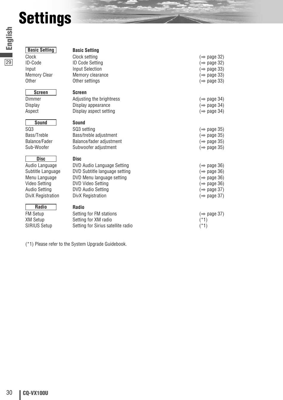 Settings, English | Panasonic CQVX100U User Manual | Page 30 / 48