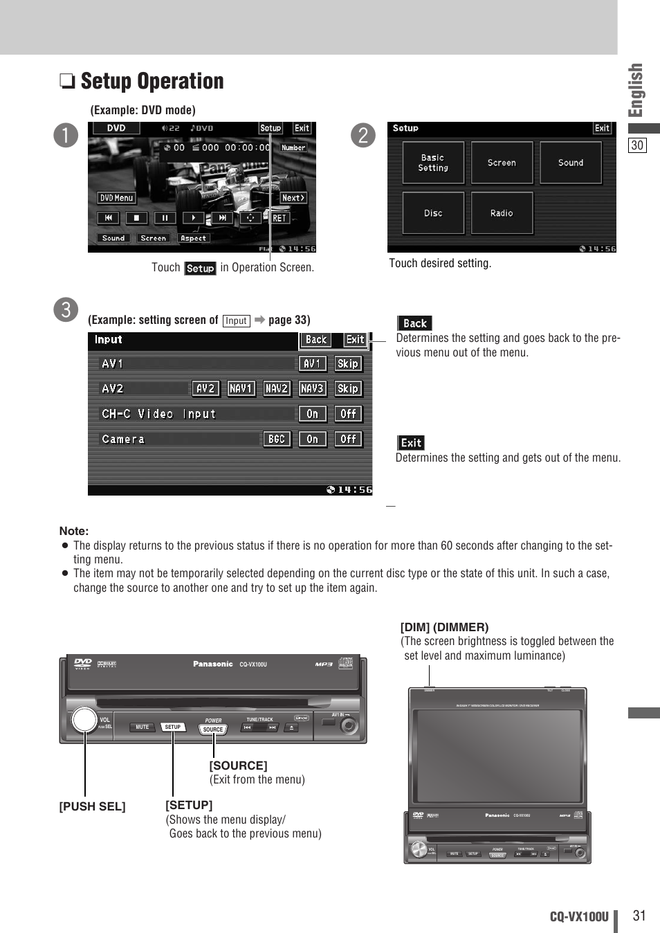 Setup operation, English, Cq-vx100u | Source, Push sel] [setup, Example: setting screen of a page 33), Determines the setting and gets out of the menu, Exit from the menu) | Panasonic CQVX100U User Manual | Page 31 / 48