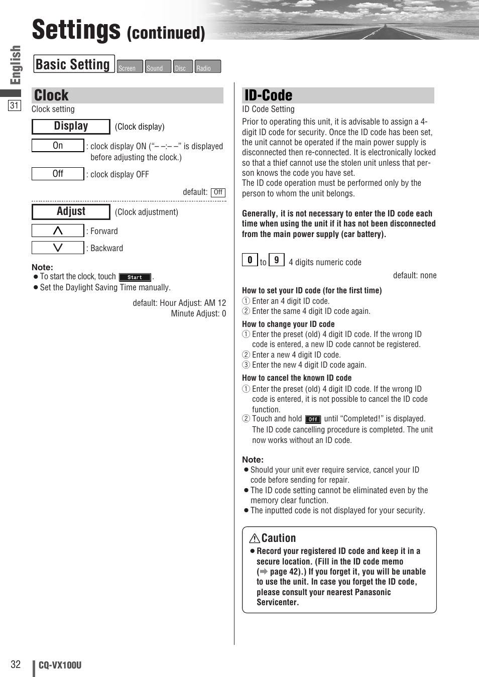 Settings, Continued), Id-code | Clock, Basic setting, English, Adjust, Display caution | Panasonic CQVX100U User Manual | Page 32 / 48