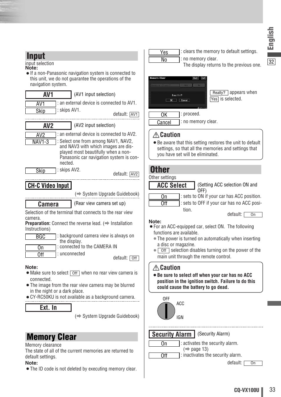 Other, Input, English | Acc select caution, Caution, Security alarm, Ext. in, Camera ch-c video input | Panasonic CQVX100U User Manual | Page 33 / 48