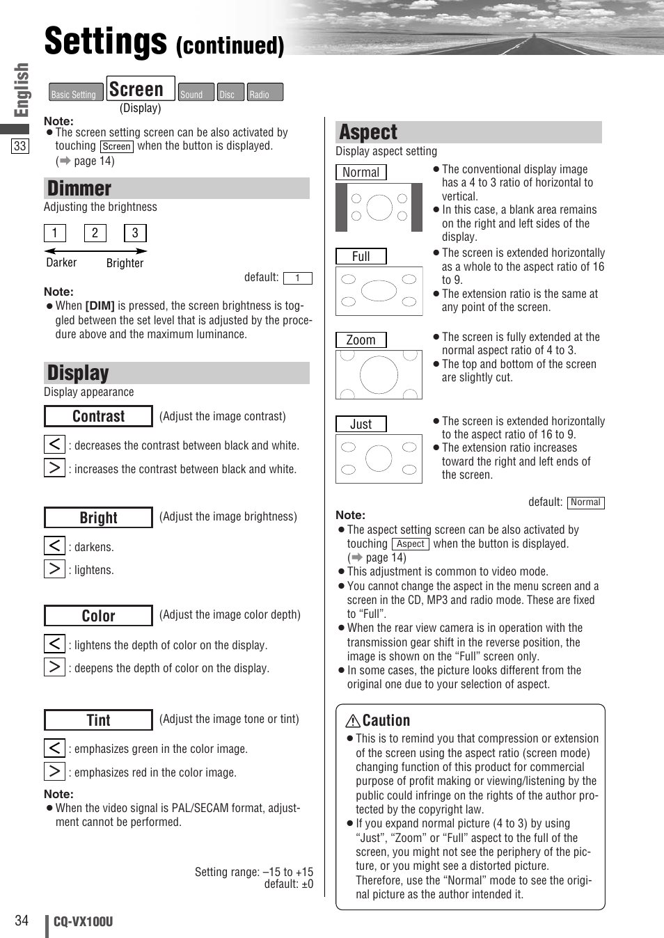 Settings, Continued), Dimmer | Display, Aspect, Screen, English, Contrast, Bright, Color | Panasonic CQVX100U User Manual | Page 34 / 48