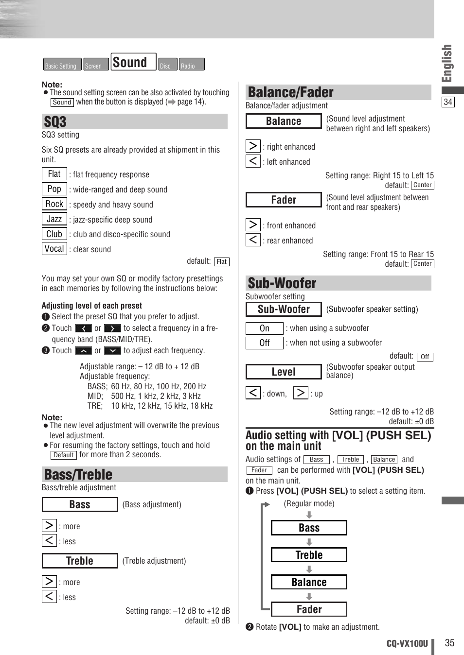 Bass/treble, Balance/fader, Sub-woofer | Sound, English, Treble, Bass, Fader balance treble bass, Level, Fader | Panasonic CQVX100U User Manual | Page 35 / 48