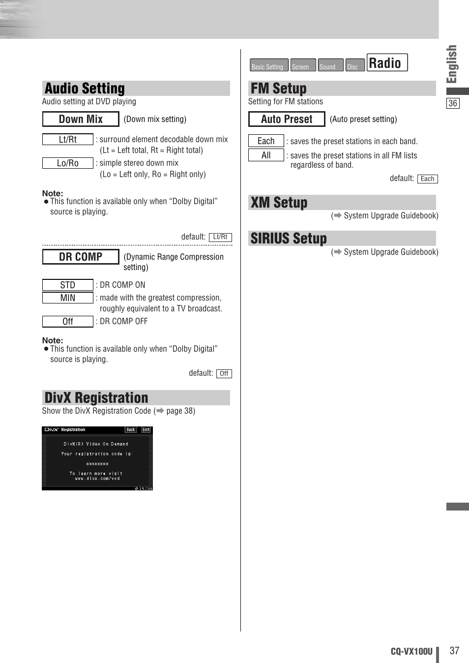 Audio setting, Fm setup, Xm setup | Sirius setup, Divx registration, Radio, English, Dr comp, Down mix, Auto preset | Panasonic CQVX100U User Manual | Page 37 / 48