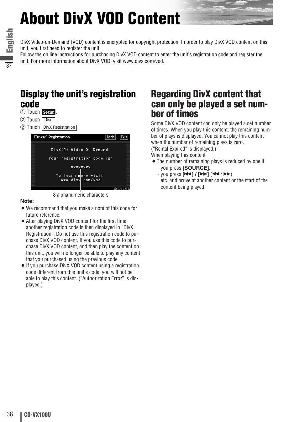 About divx vod content, Display the unit’s registration code, English | Panasonic CQVX100U User Manual | Page 38 / 48