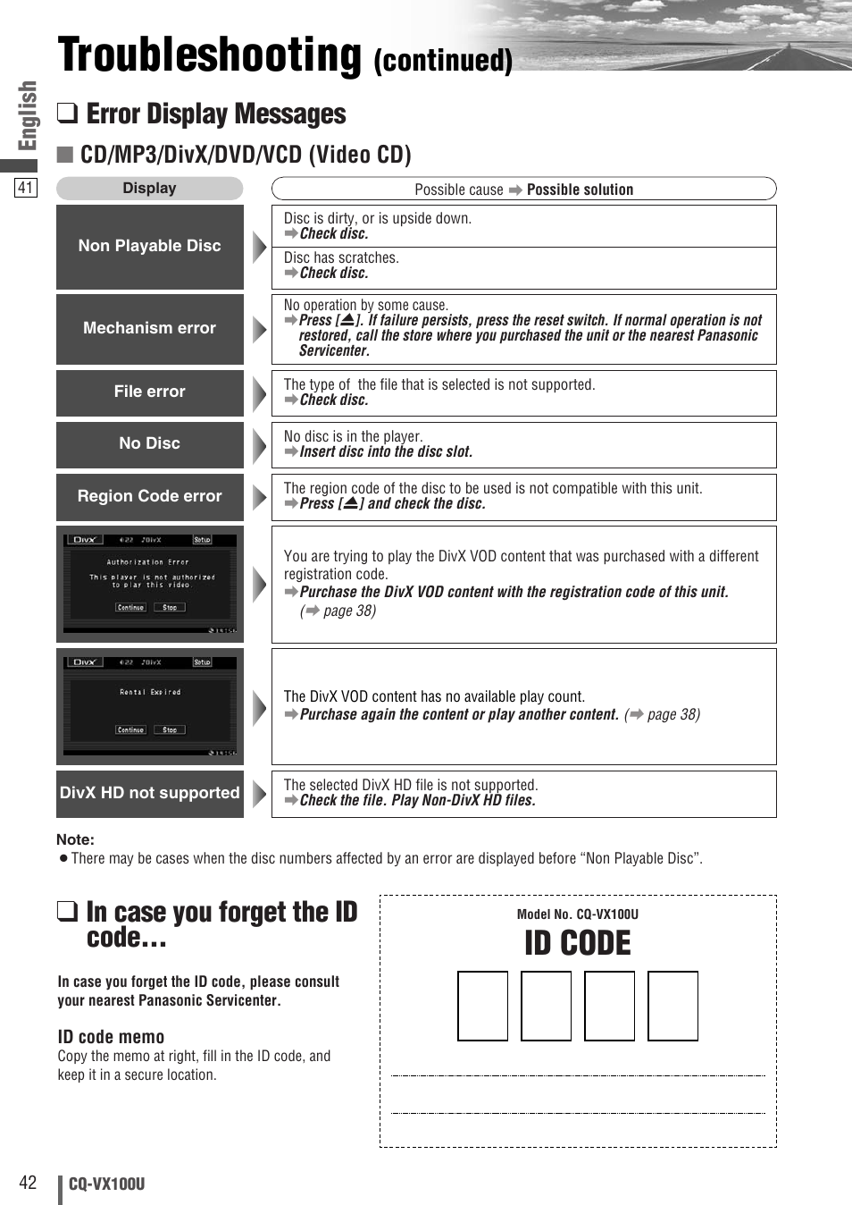 Troubleshooting, Id code, Continued) | Error display messages, English, Cd/mp3/divx/dvd/vcd (video cd) | Panasonic CQVX100U User Manual | Page 42 / 48