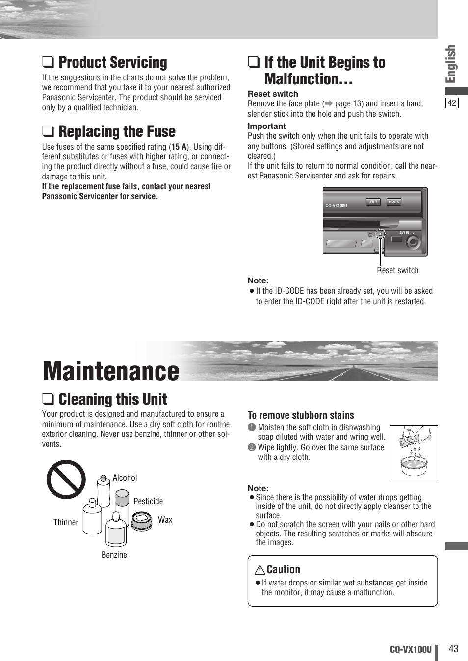 Maintenance, Product servicing, Replacing the fuse | If the unit begins to malfunction, Cleaning this unit, English | Panasonic CQVX100U User Manual | Page 43 / 48