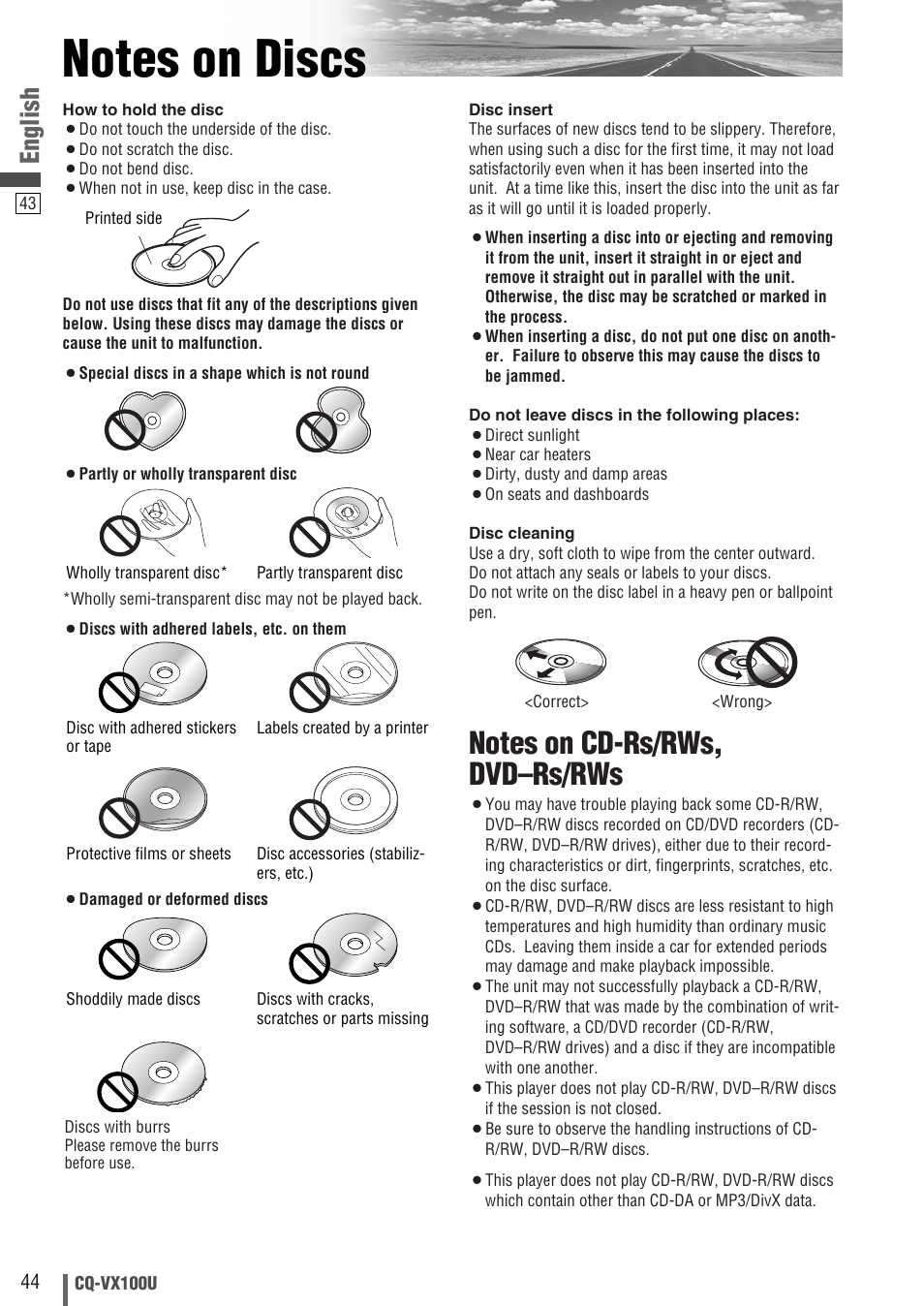 Notes on discs, English | Panasonic CQVX100U User Manual | Page 44 / 48