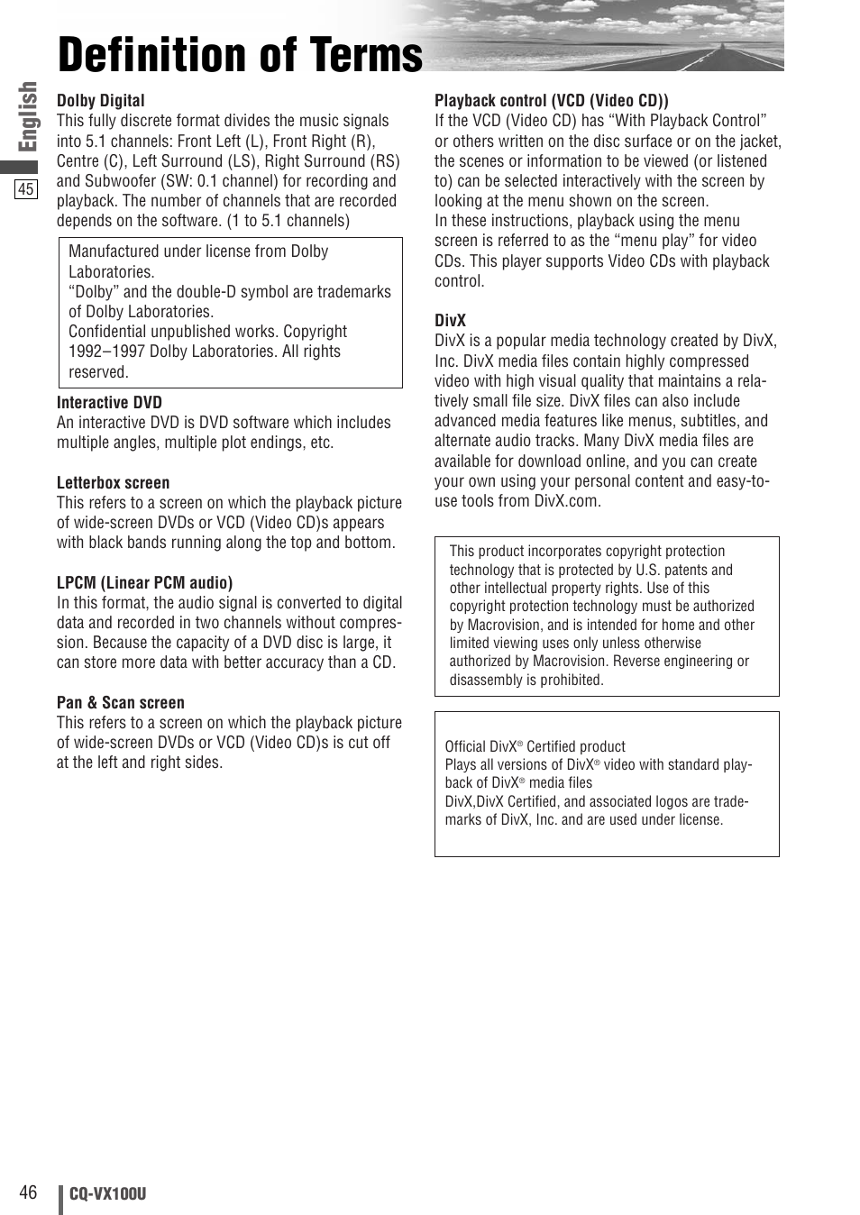 Definition of terms, English | Panasonic CQVX100U User Manual | Page 46 / 48