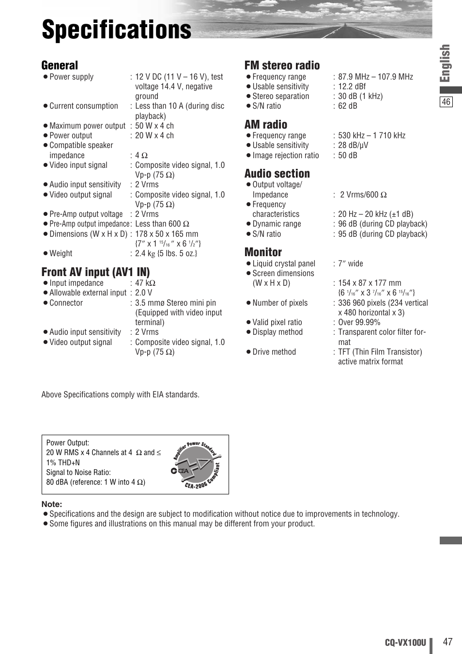 Specifications, English, General | Front av input (av1 in), Fm stereo radio, Am radio, Monitor | Panasonic CQVX100U User Manual | Page 47 / 48