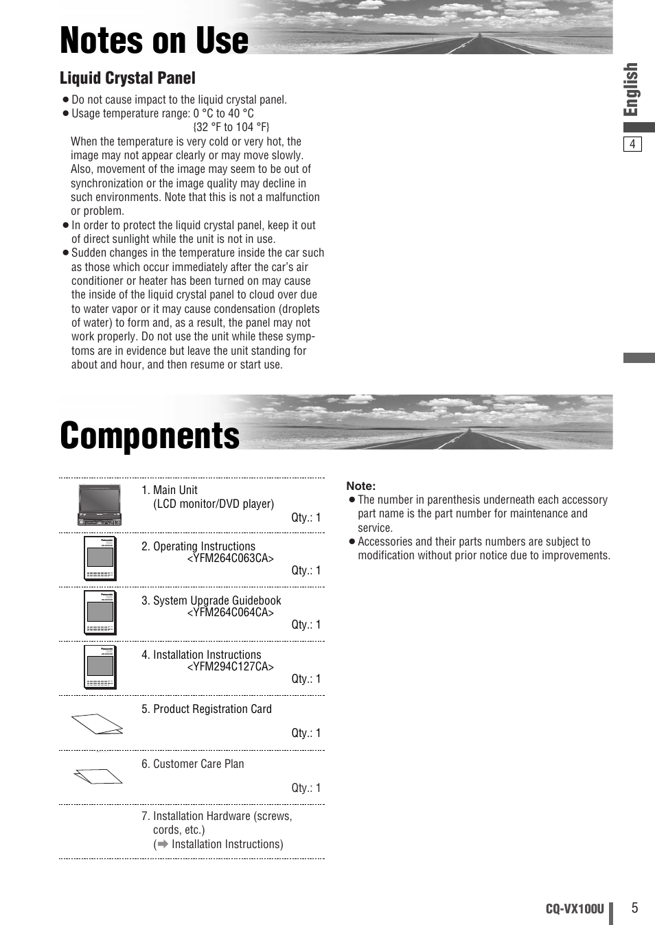 Notes on use, Components, English | Liquid crystal panel | Panasonic CQVX100U User Manual | Page 5 / 48