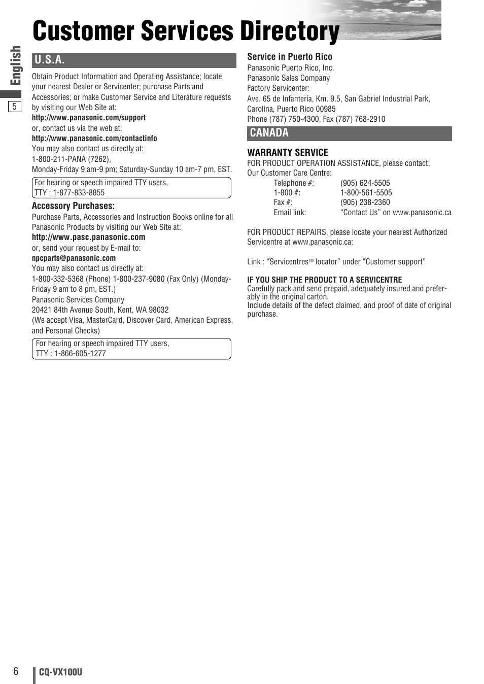 Customer services directory, English, U.s.a | Canada | Panasonic CQVX100U User Manual | Page 6 / 48