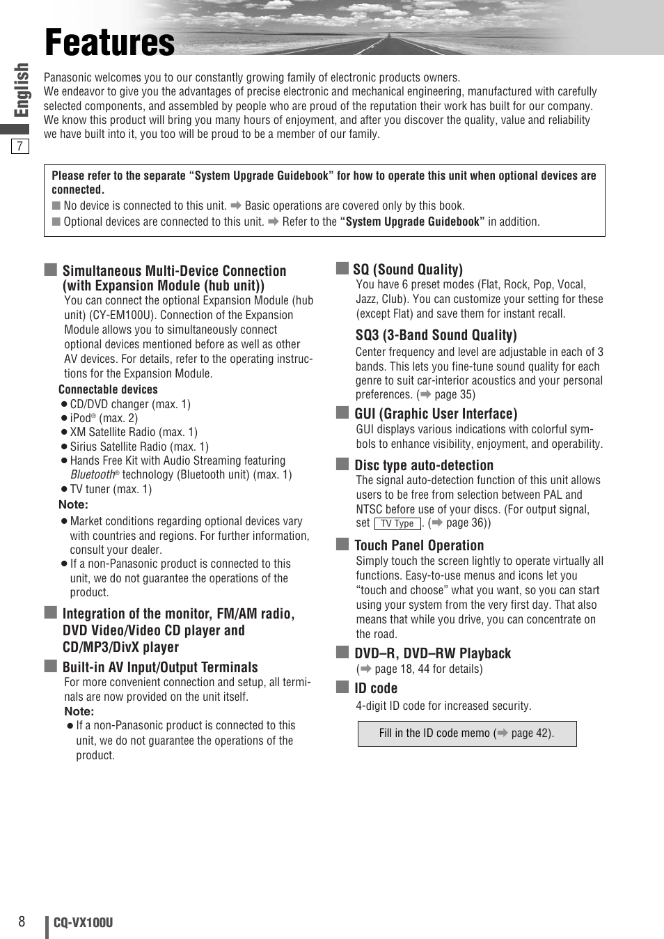 Features, English | Panasonic CQVX100U User Manual | Page 8 / 48