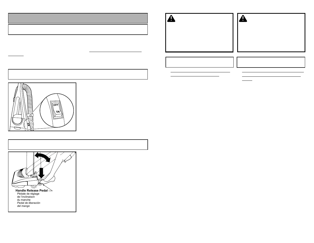 To operate cleaner, Power cord, On-off switch | Handle adjustments, Avertissement, Advertencia | Panasonic MC-V7314 User Manual | Page 22 / 52