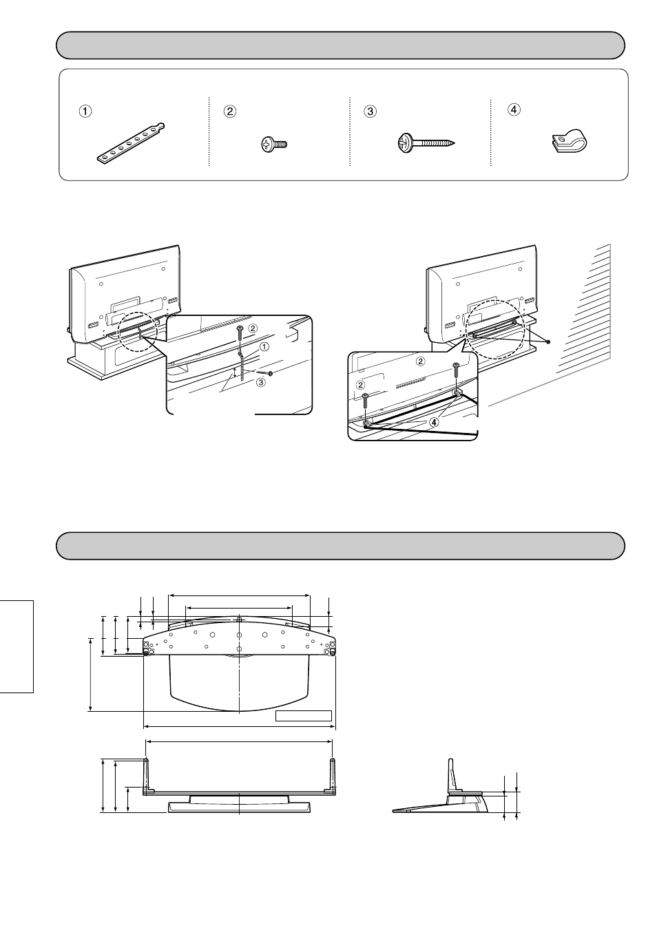 Asegure la consola para impedir que se caiga, Diagrama de dimensiones, Piezas para impedir la inclinación | Panasonic Pedestal for Wide Plasma Display TY-ST50PX20 User Manual | Page 18 / 20